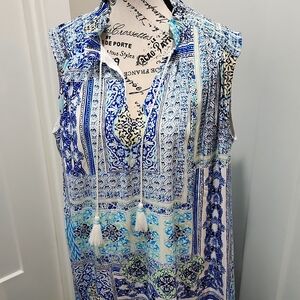 Chico's Tile Print Peasant Maxi Dress Blue Floral Boho Legenlook Size L